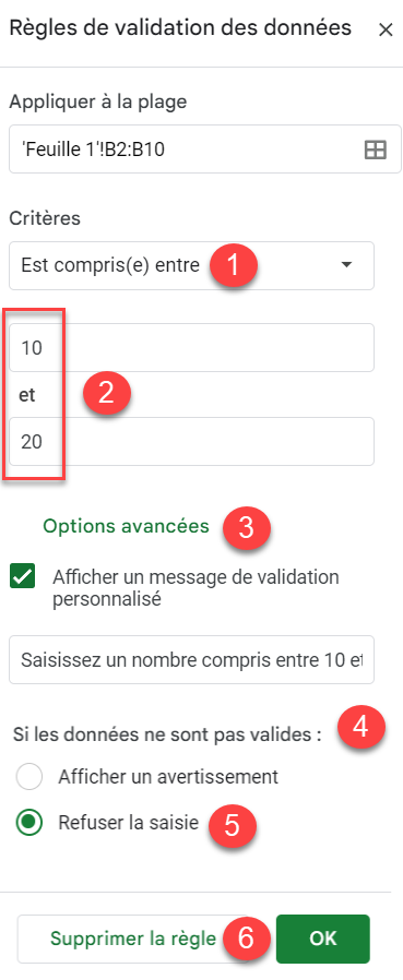 google sheets limiter valeur validation donnees