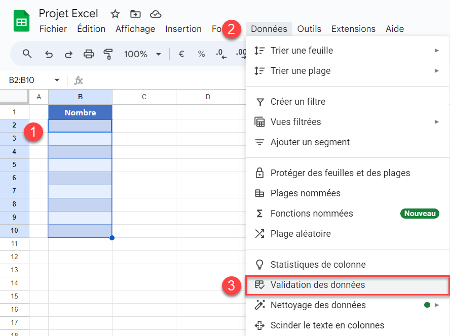 google sheets limiter valeurs validation etapes