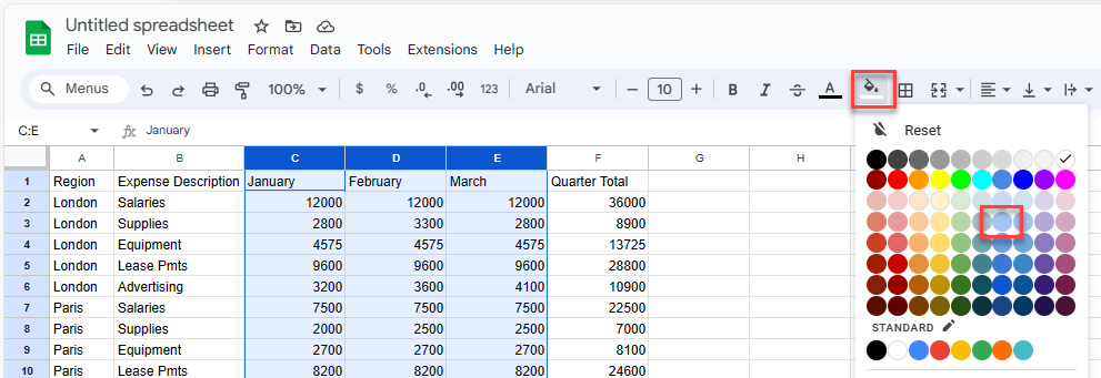 highlight columns gs fill color