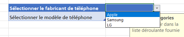 liste deroulante categorie telephone