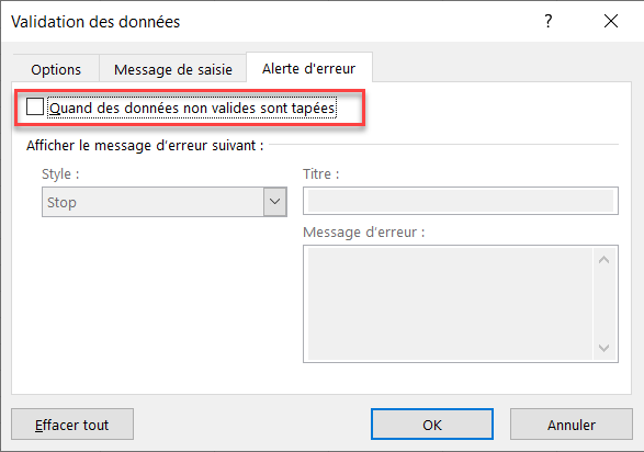 message erreur donnees non valides