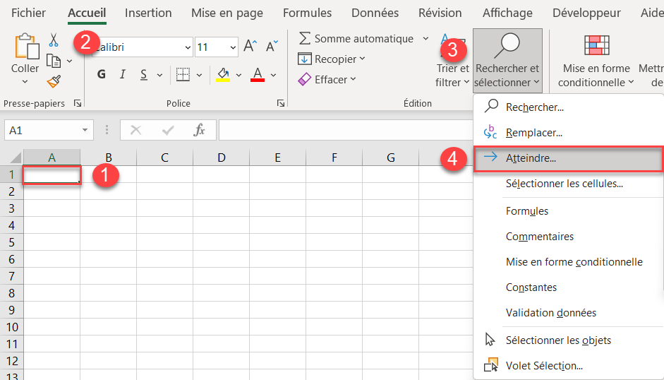 raccourcis excal A1 atteindre