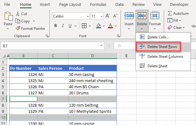 same size delete rows