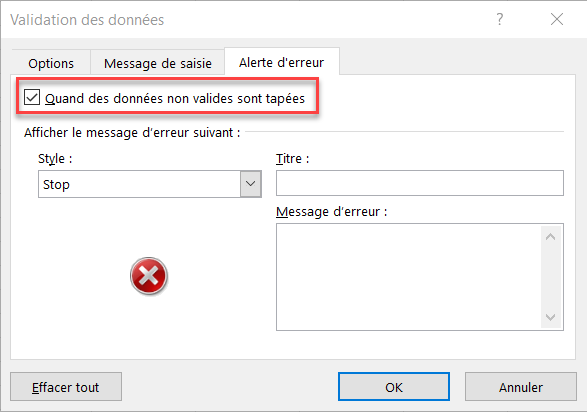 valeur defaut message erreur activer