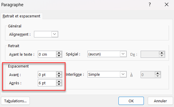 excel interligne espacement points