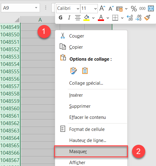 excel masquer cellules masquer clique droit lignes