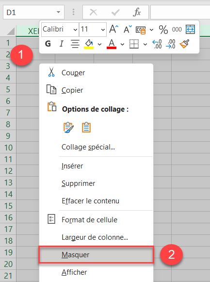 excel masquer cellules masquer clique droit