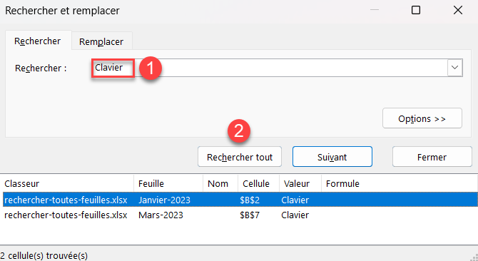 excel rechercher feuilles rechercher tout