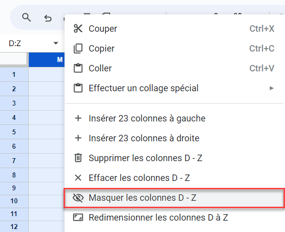 google sheets masquer cellules colonnes