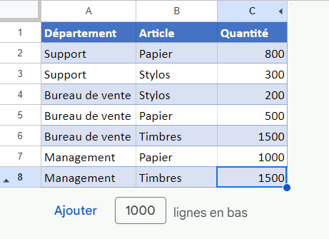 google sheets masquer cellules lignes masquees