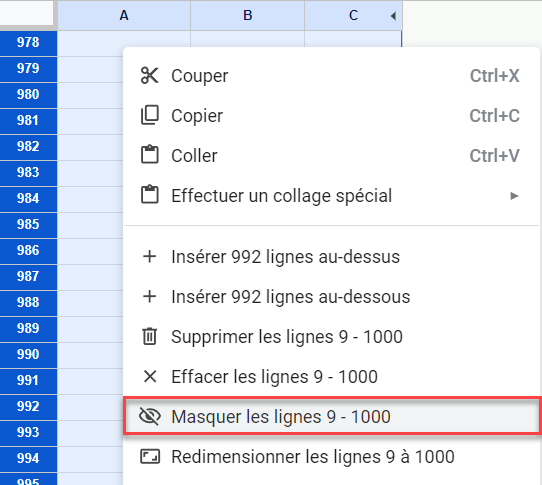 google sheets masquer cellules masquer lignes