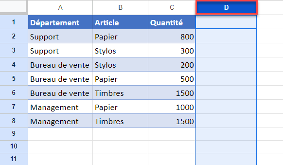 google sheets masquer cellules selection colonne