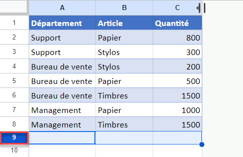 google sheets masquer cellules selection ligne