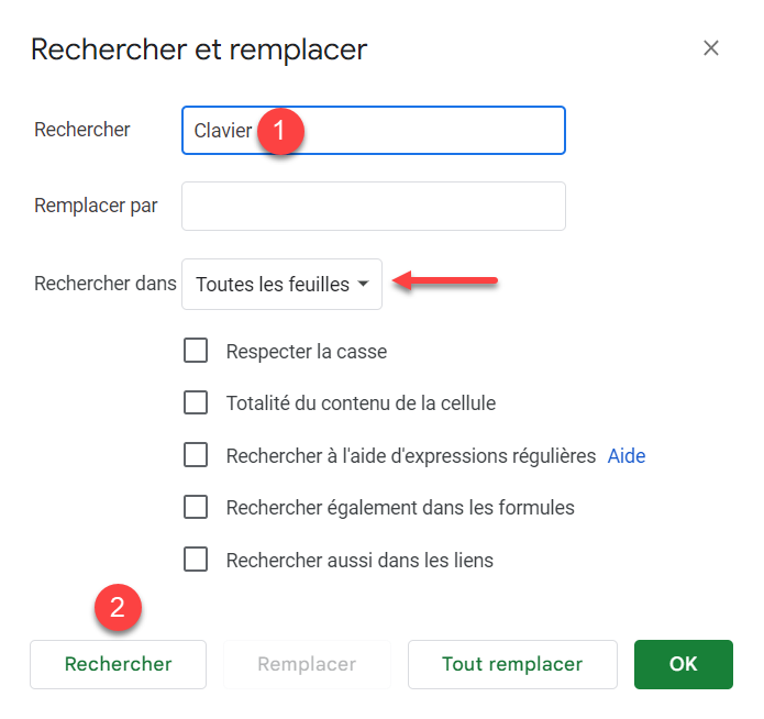 google sheets rechercher feuilles options