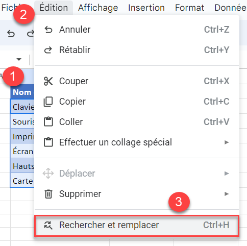 google sheets remplacer espace etapes