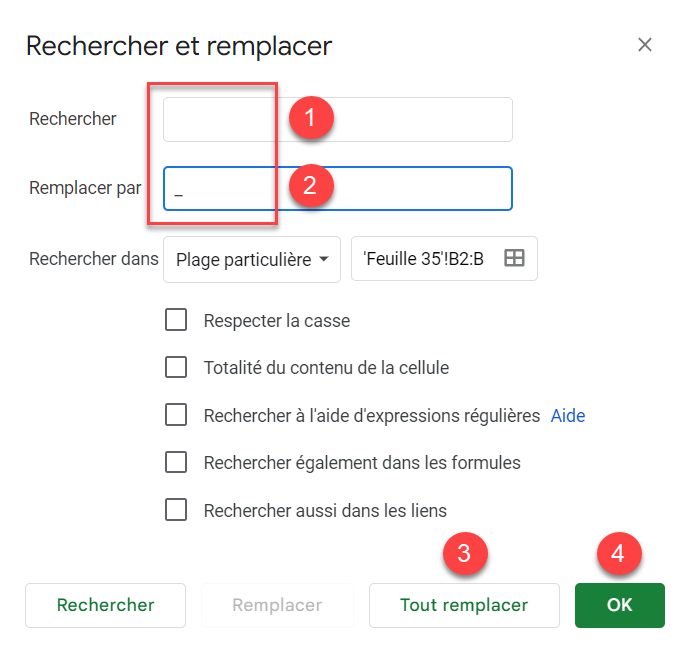 google sheets remplacer espace remplacer