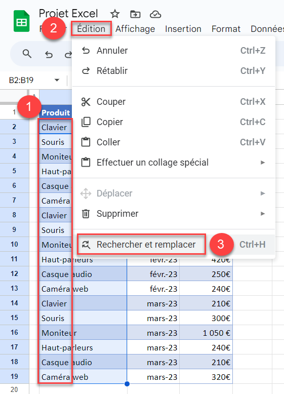 google sheets remplacer etapes