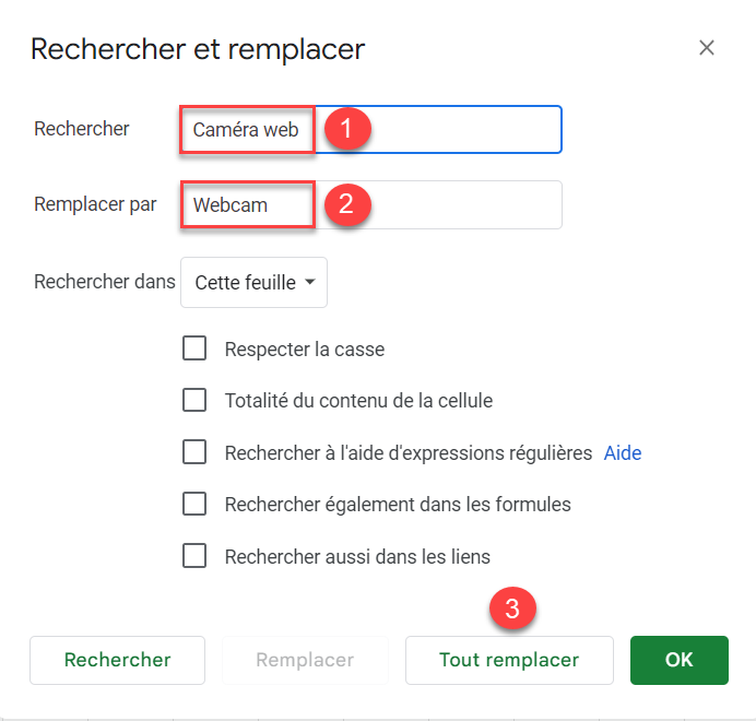 google sheets remplacer options