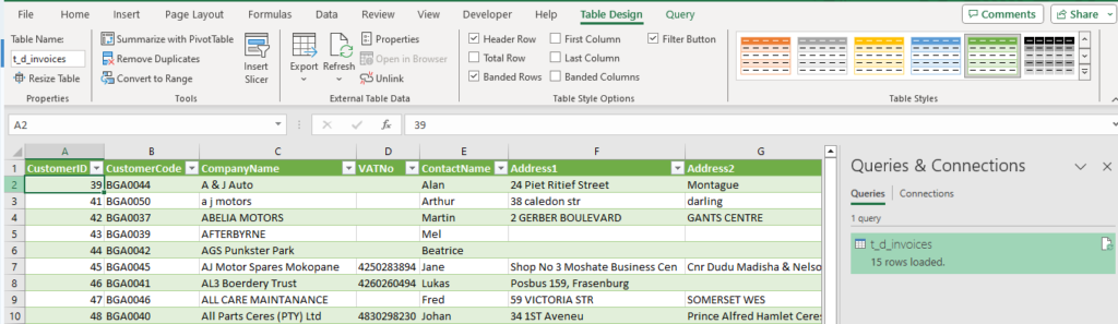 mysql excel table