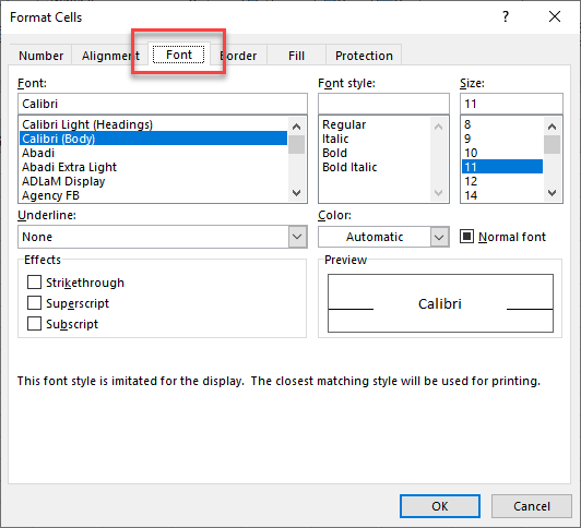 shortcut formats dialog font