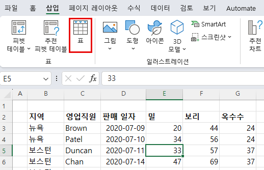 데이터표변환 삽입 표