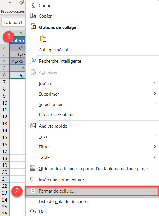 excel arrondir nombres clique droit
