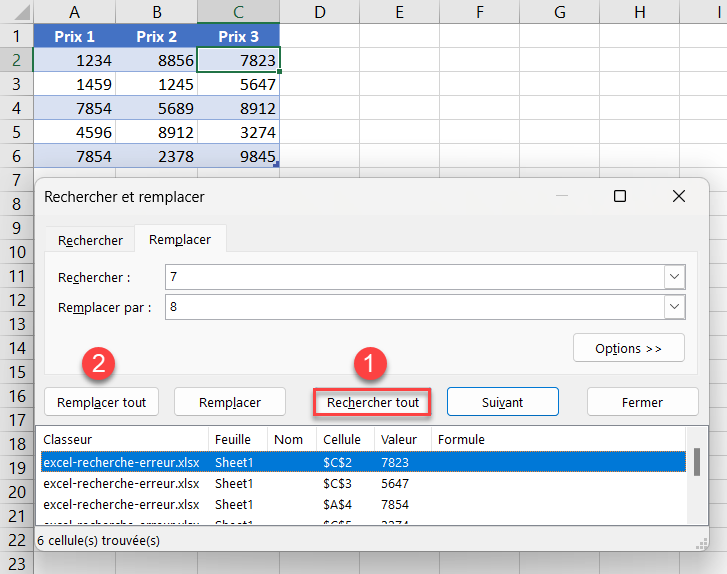 excel erreur rechercher rechercher tout