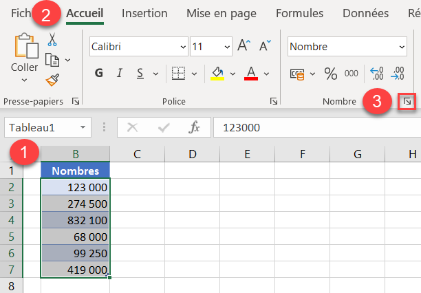 excel format milliers etapes