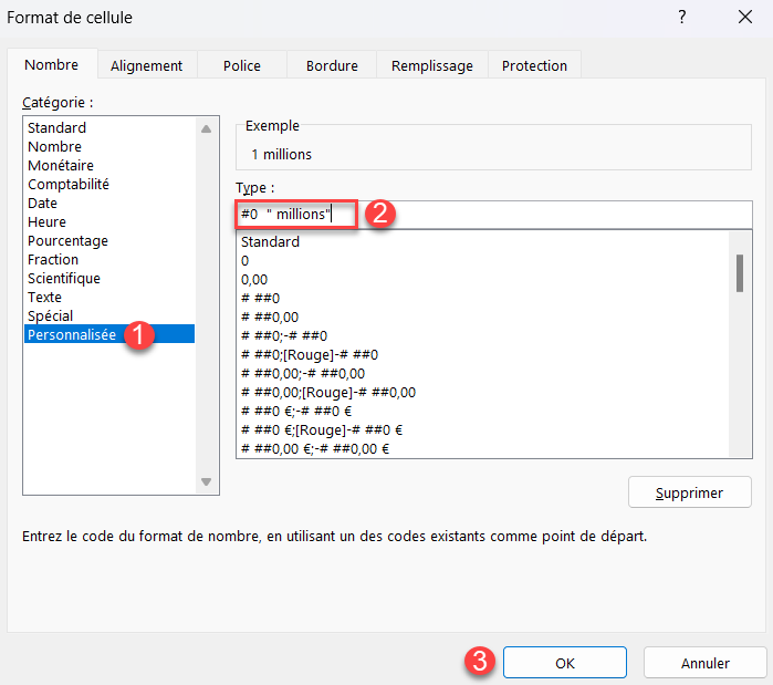 excel format millions format cellule