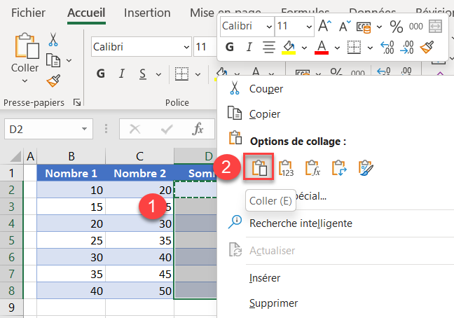 excel formule colonne coller