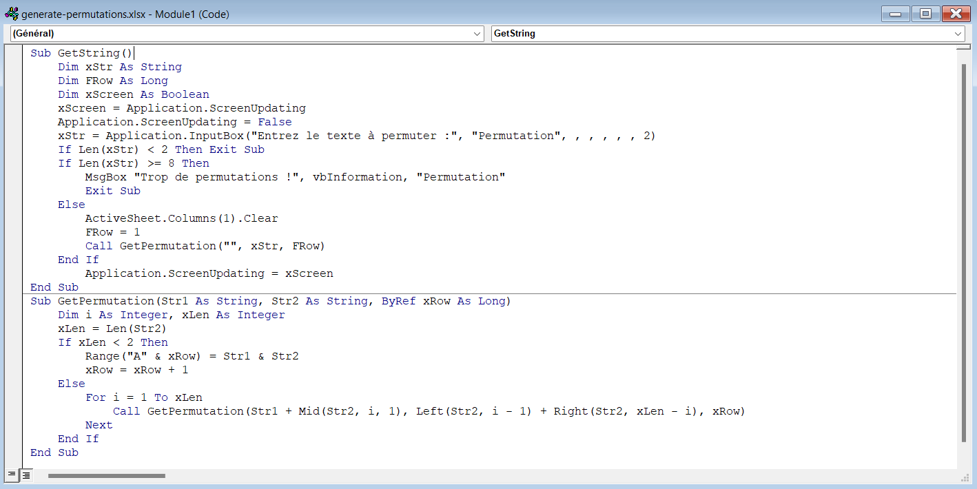 generer permutations code