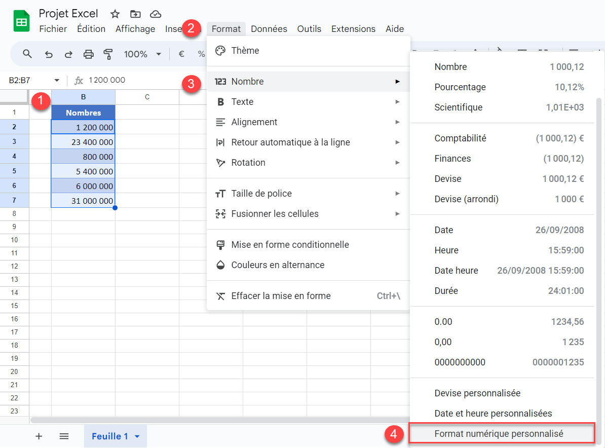 google sheets format millions etapes