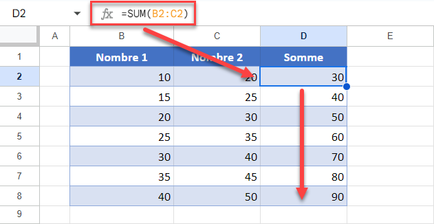 google sheets formule colonne etendre
