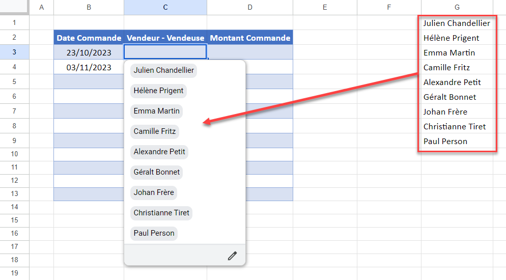 google sheets saisie validation liste