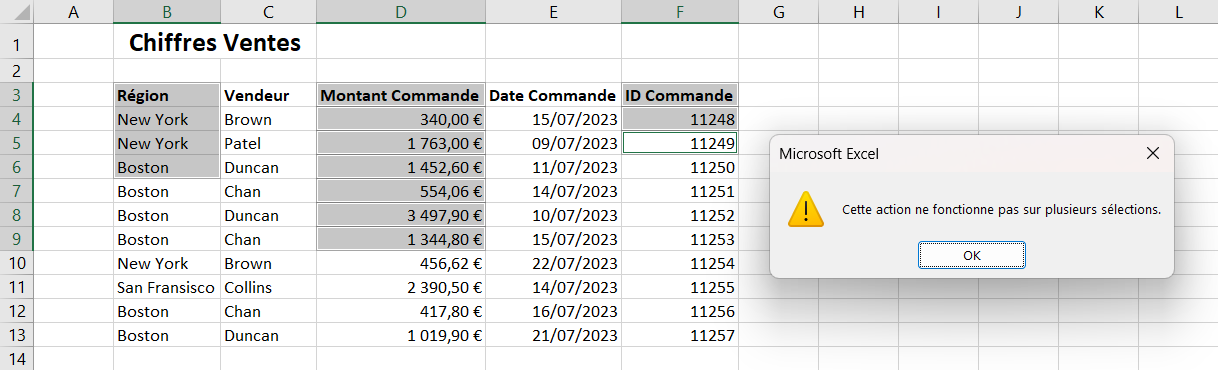 erreur action selections multiples differentes