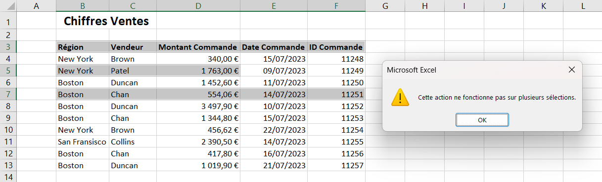 erreur action selections multiples lignes