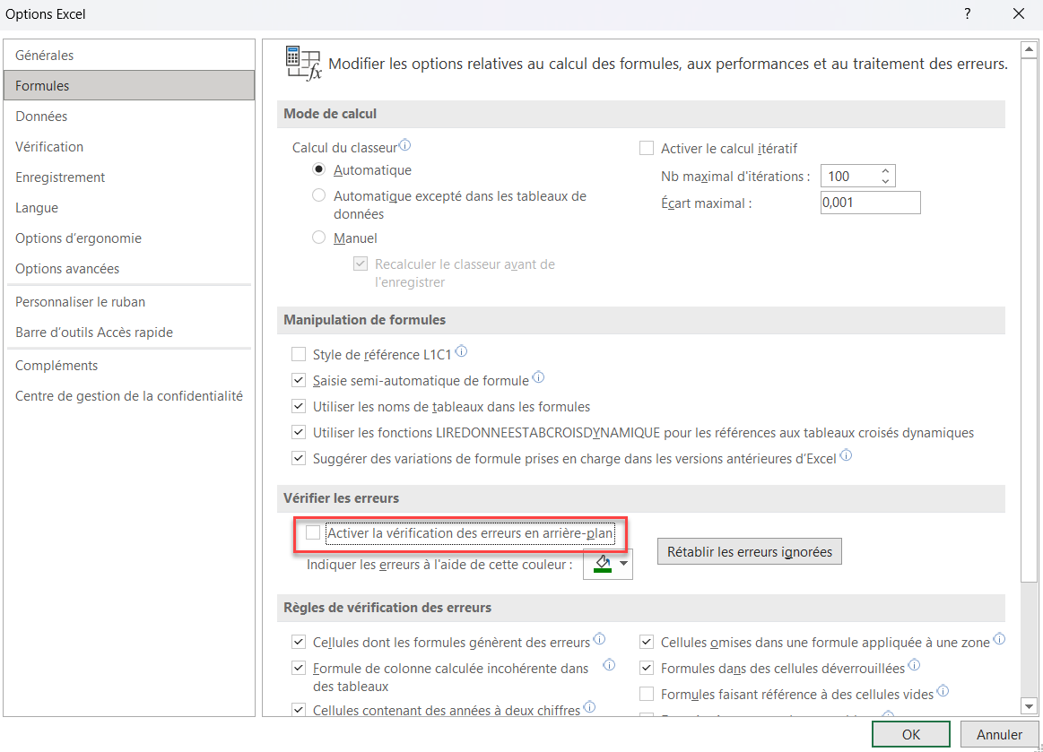 excel retirer triangle activer verification