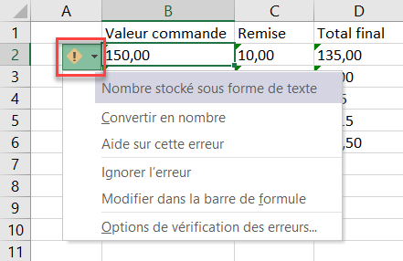 excel retirer triangle erreur texte