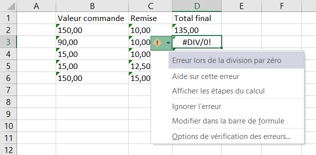 excel retirer triangle erreur zero