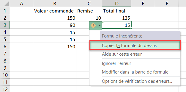 excel retirer triangle formule dessus