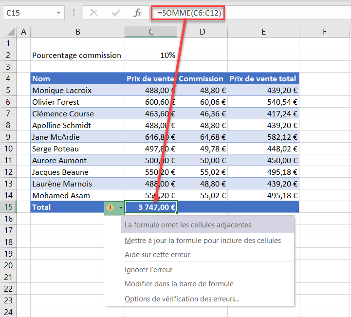 excel retirer triangle manque cellules