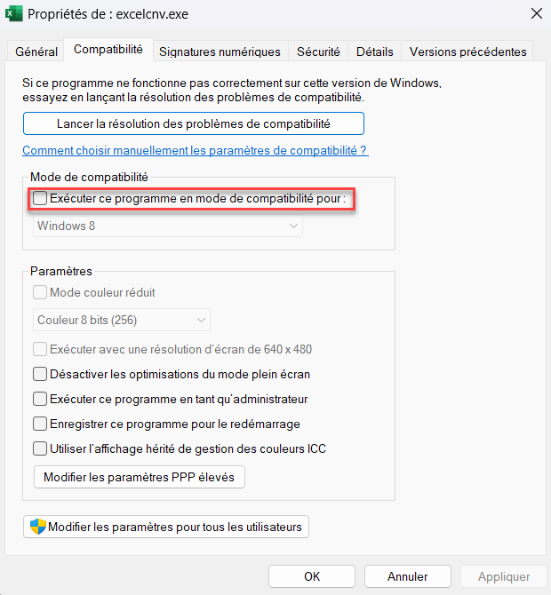 fin action ole compatibilite