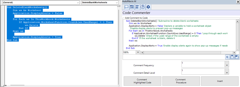 comment vba code