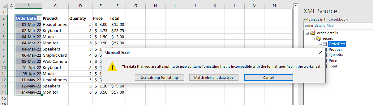 XML map data warning