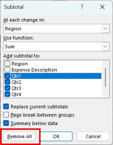 remove subtotals remove all