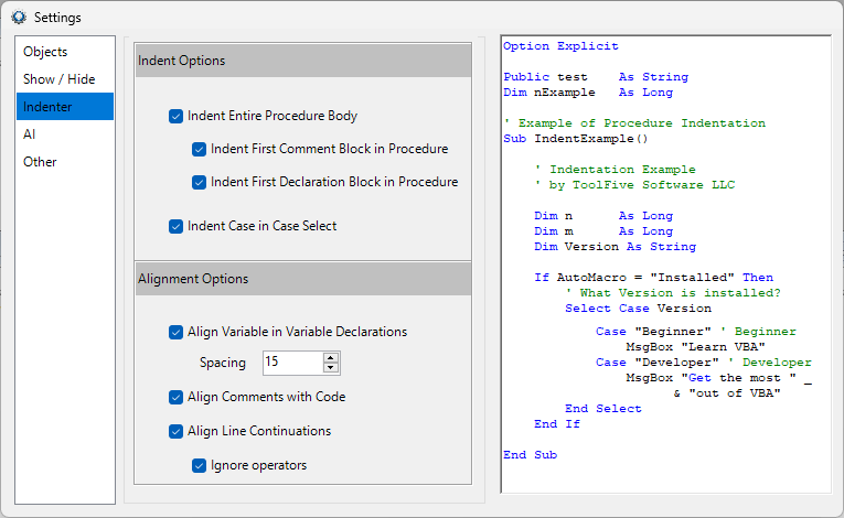 automacro indenter settings