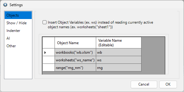 automacro settings objects