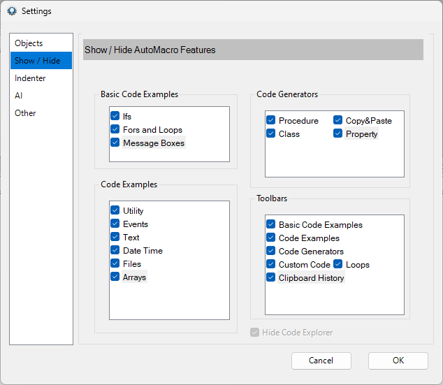 settings show hide