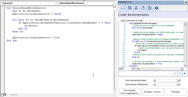 comment vba code