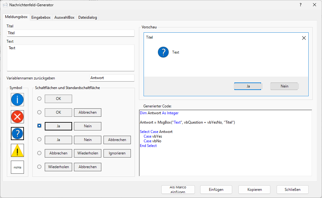 vba messagebox builder